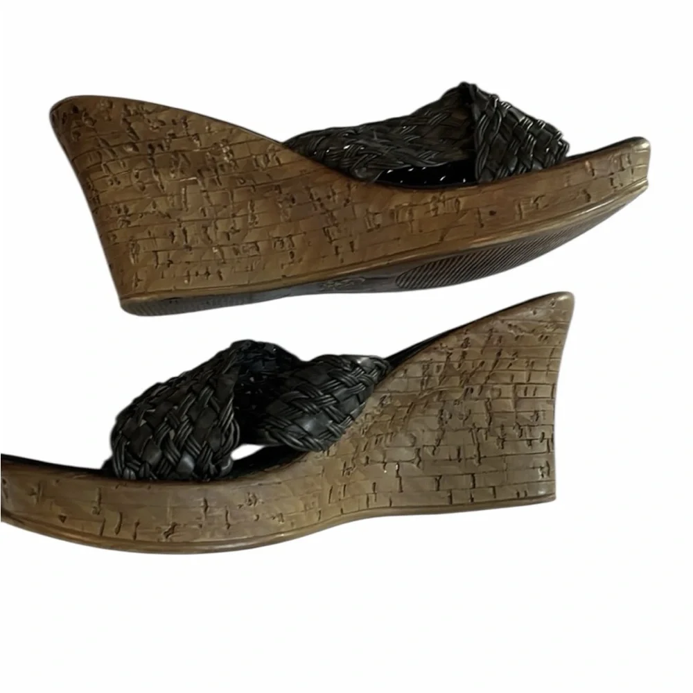 Bongo size 10 black braided leather open toe wedge faux cork heel